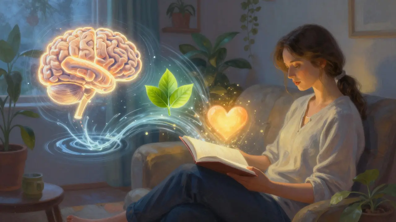 Person reading journal as glowing ripples show mental and physical health improvements