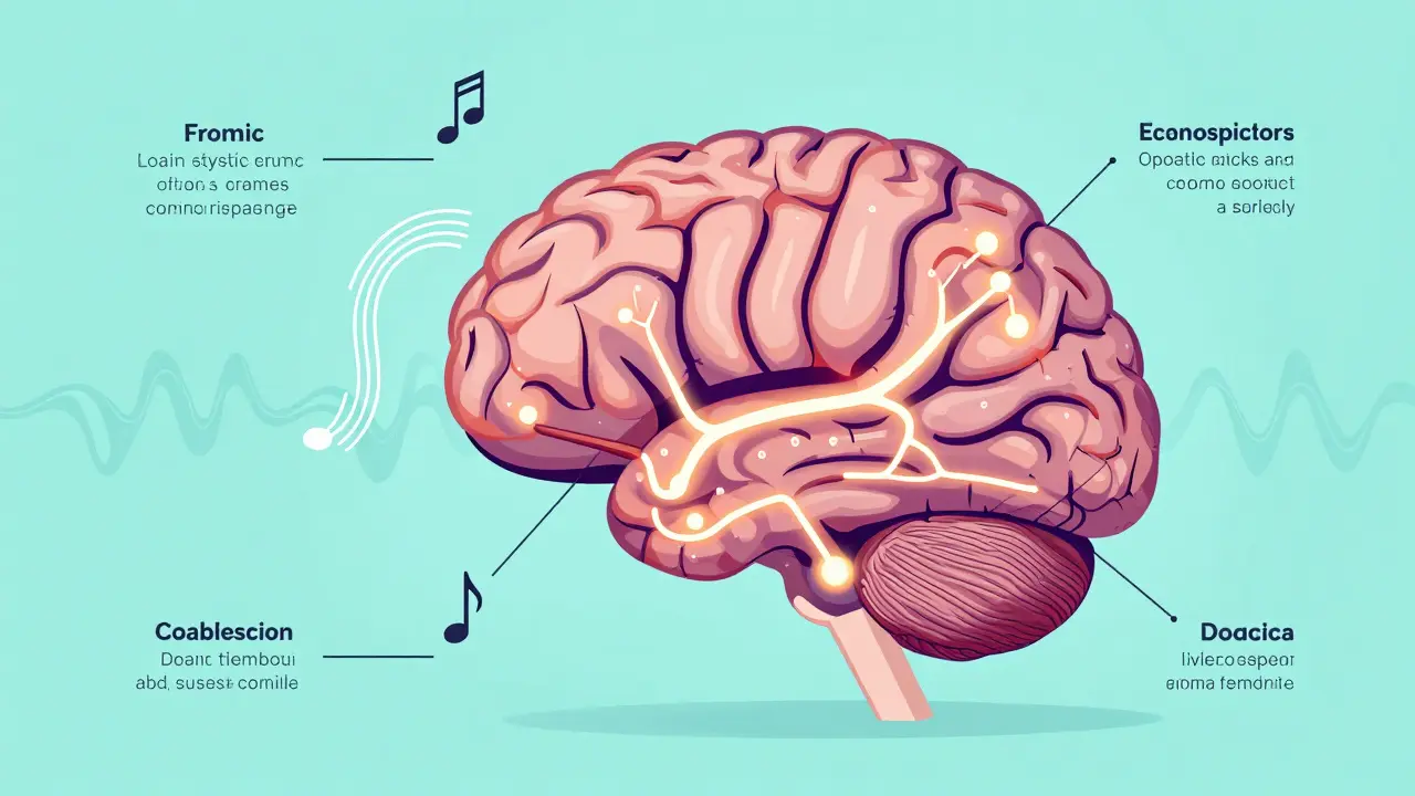 Stylized brain illustration showing neural connections via art and music