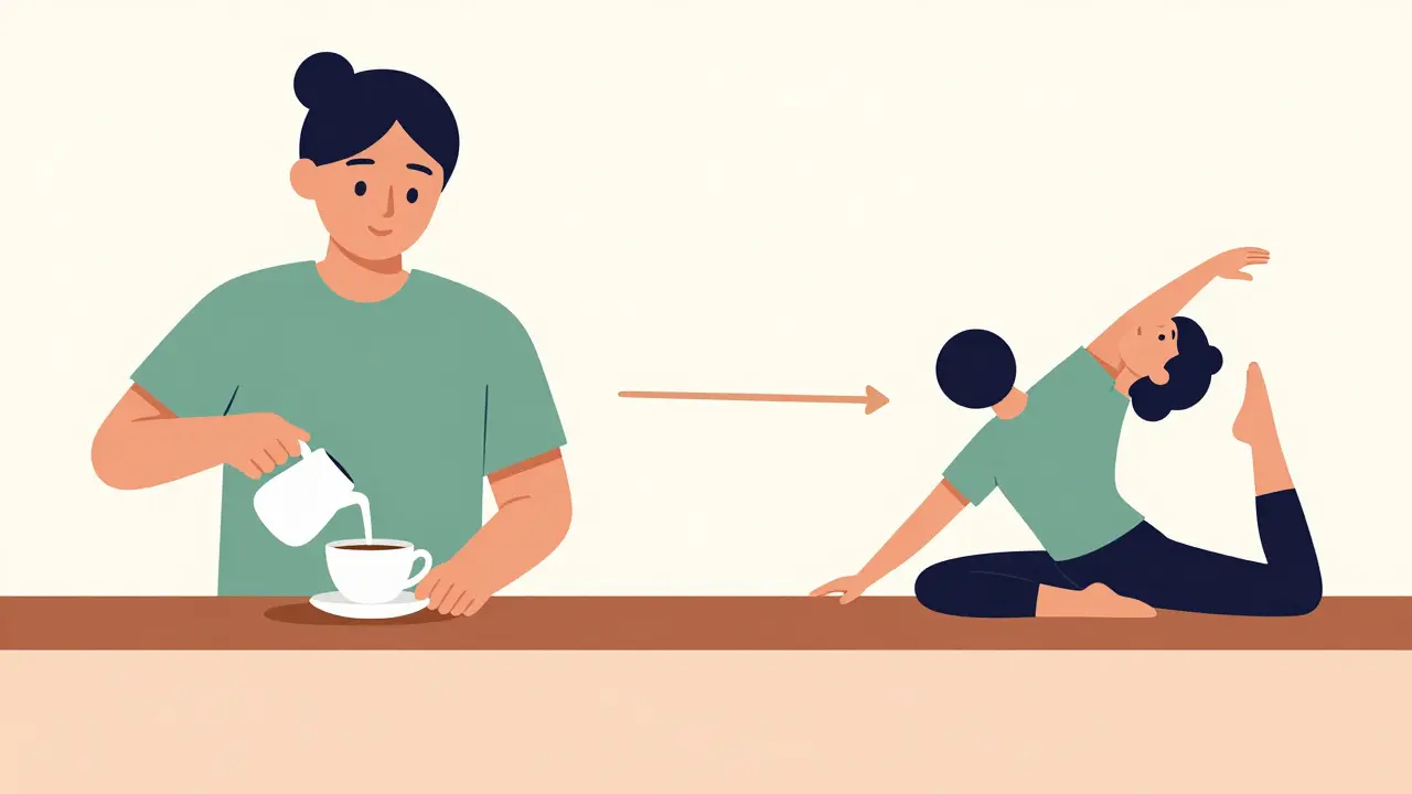 Vector illustration of habit stacking: making coffee while stretching gently