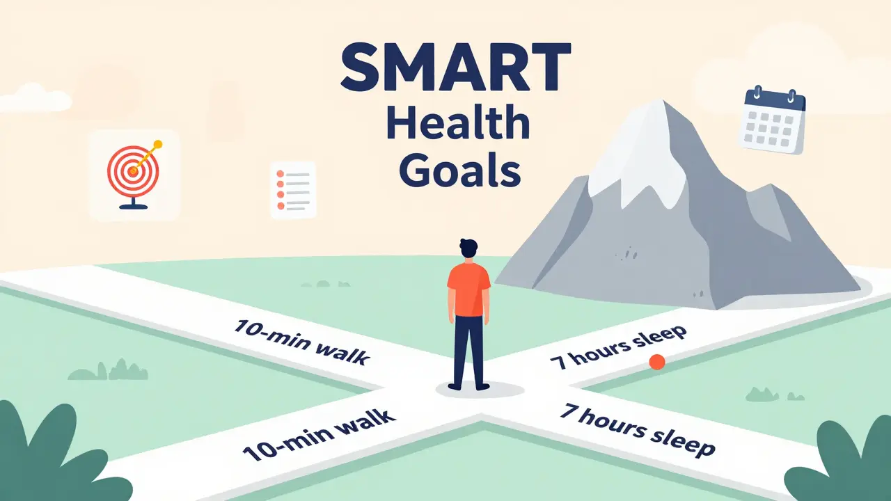 Vector illustration of person choosing small health steps over a difficult mountain peak