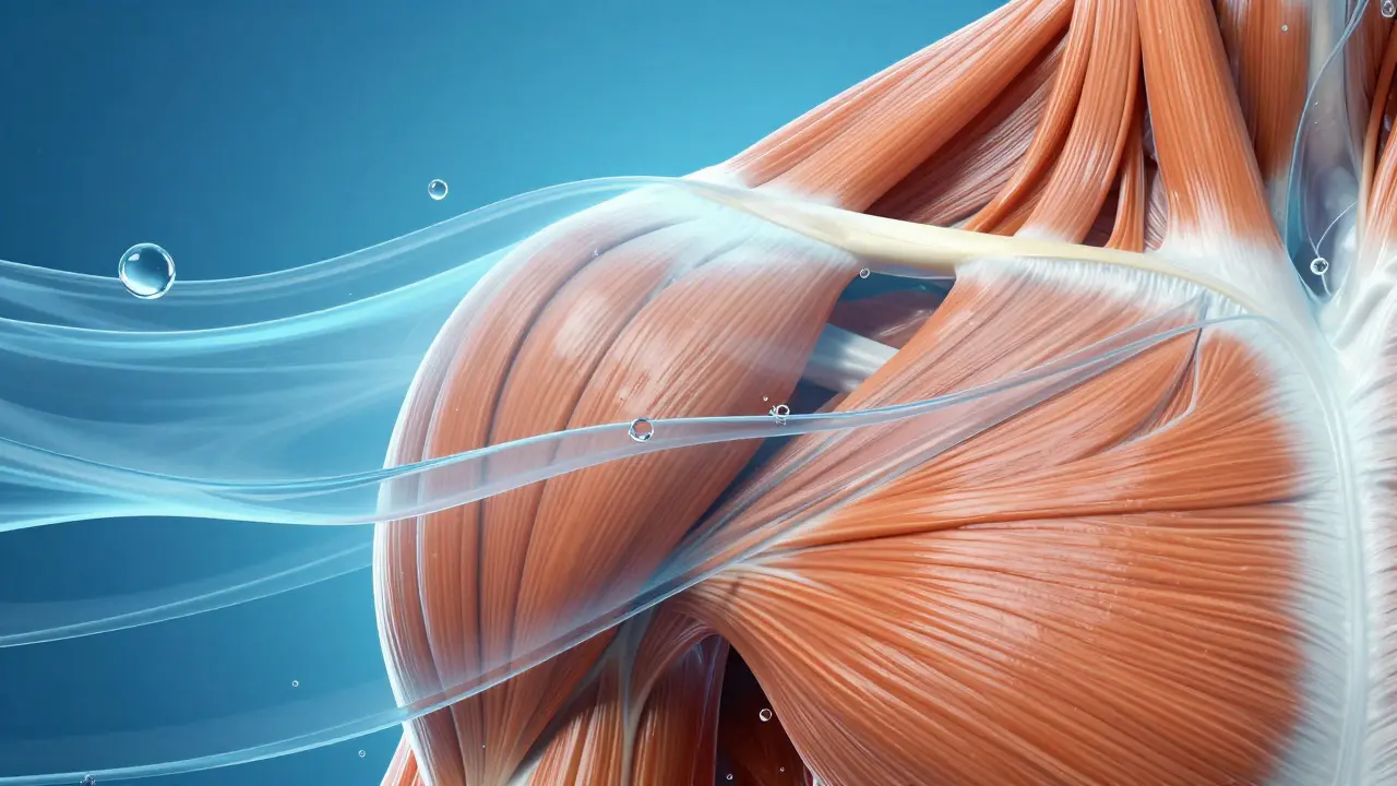 Abstract visualization of hydrated fascia sliding smoothly over muscle layers.