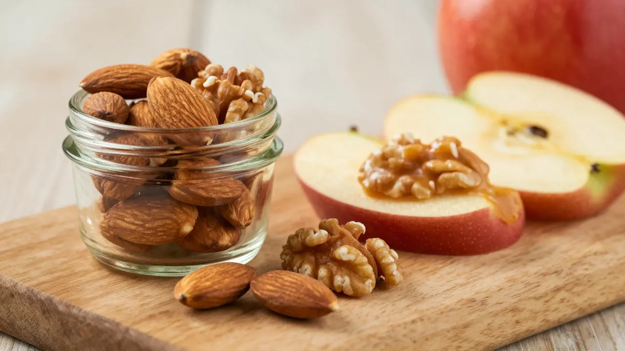 Almonds, walnuts, and apple slices with almond butter on a wooden board