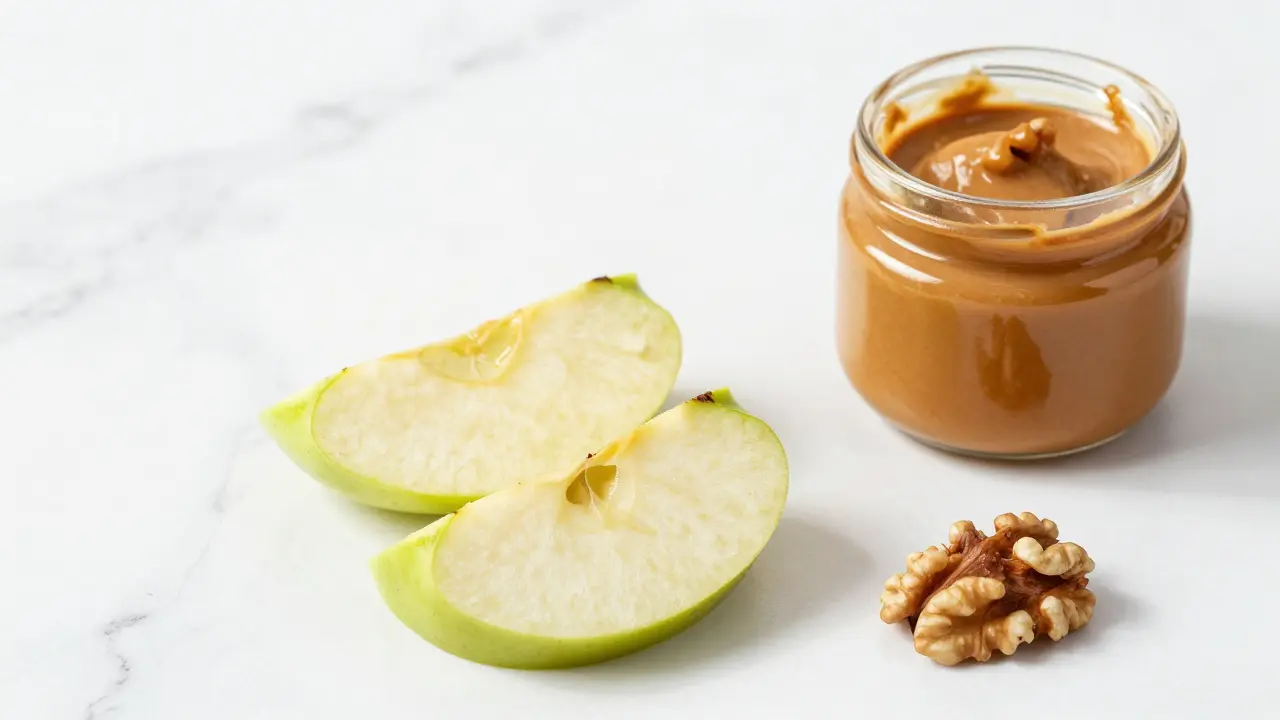 Apple slices with almond butter and walnut on marble