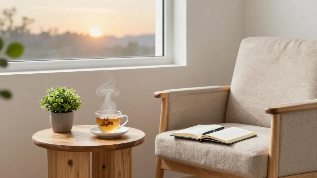 Cozy reading nook with tea and journal, free of digital devices