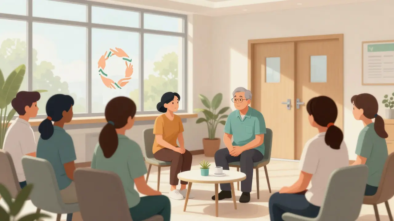 Diverse people in a bright, welcoming community health center waiting area