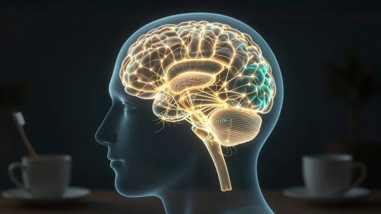Illustration of brain changes showing strengthened cortex and calmer amygdala