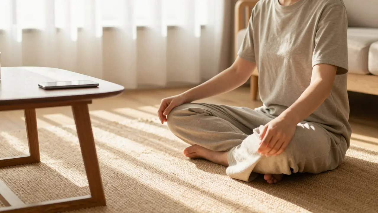 Person meditating peacefully in a sunny room with phone set aside