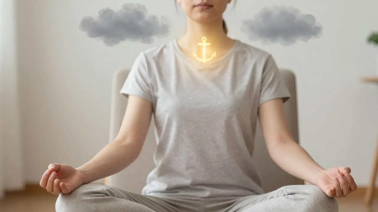 Person meditating with visual metaphor of thoughts passing like clouds