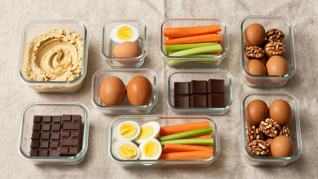 Prepped healthy snacks in glass containers on linen