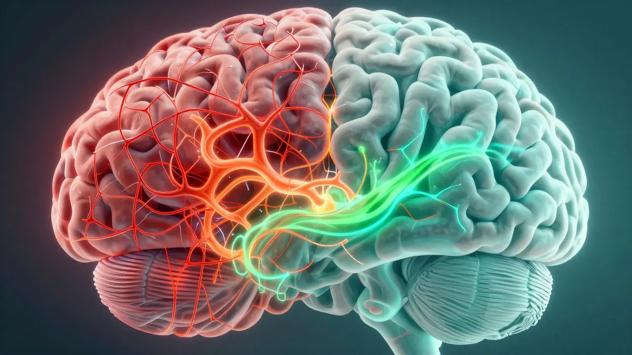Split brain illustration showing chaotic stress versus calm meditation effects