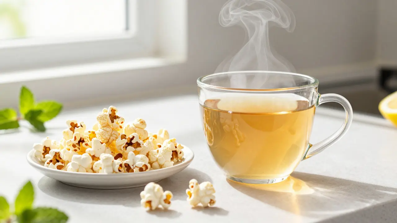 Steaming herbal tea and cinnamon popcorn on a bright kitchen counter