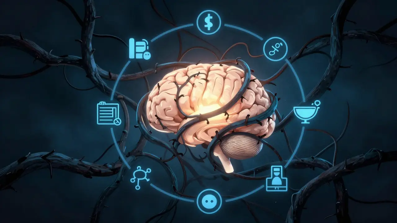 Surreal art of brain trapped in dark vines, symbolizing anxiety cycle