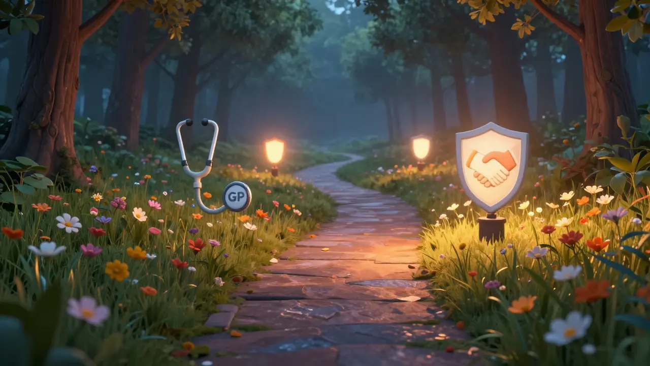 Symbolic path from dark forest to sunny meadow with floating support icons