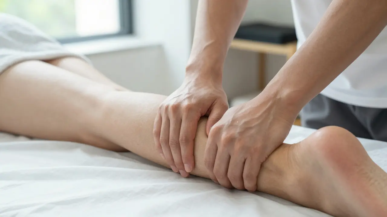 Therapist applying deep friction massage technique to an athlete's calf muscle.