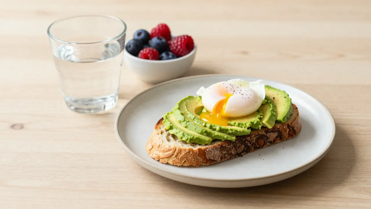 Balanced breakfast plate with avocado toast, poached egg, and berries