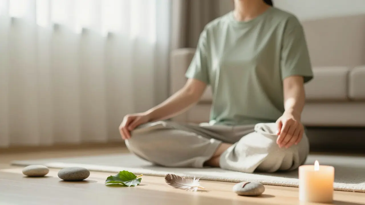 Calm person practicing mindfulness in a sunlit room with grounding objects