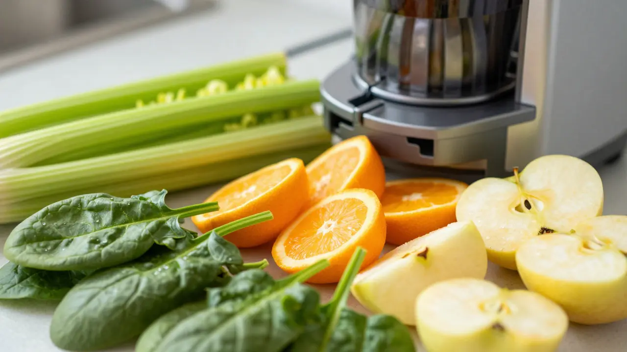 Close-up of chopped apples, celery, and spinach ready for juicing