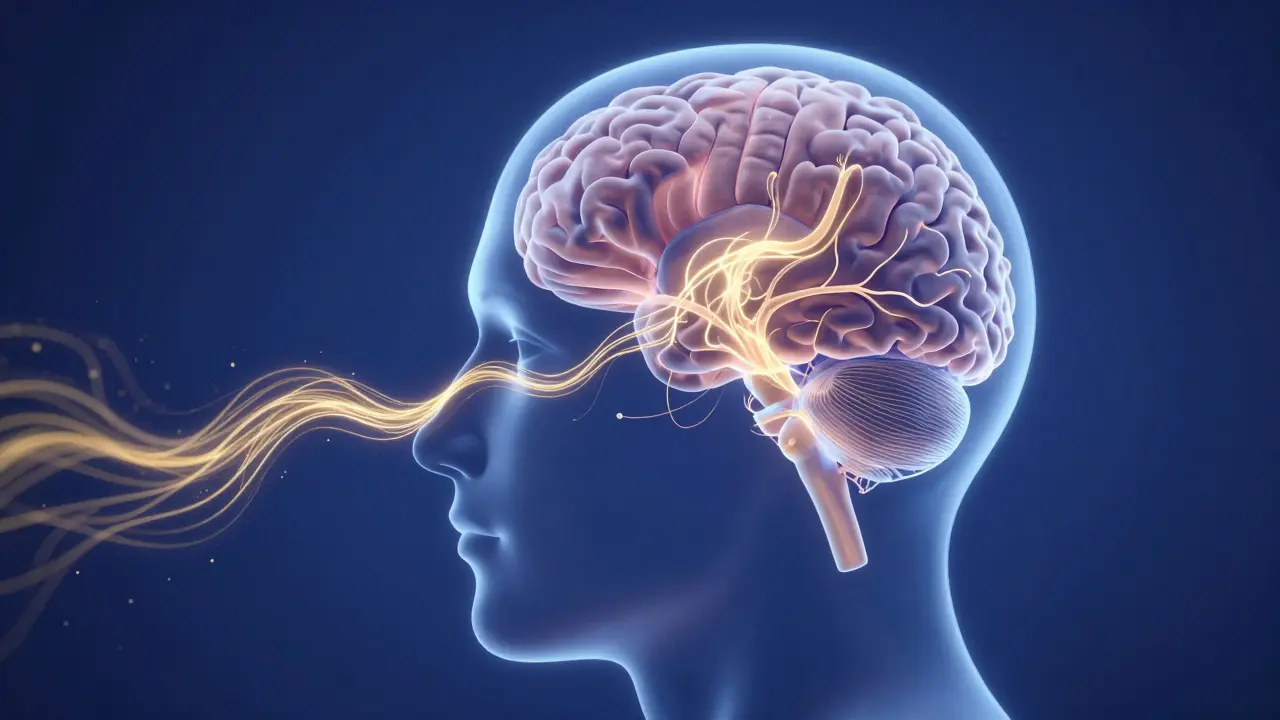 Conceptual art showing scent pathways connecting nose to brain