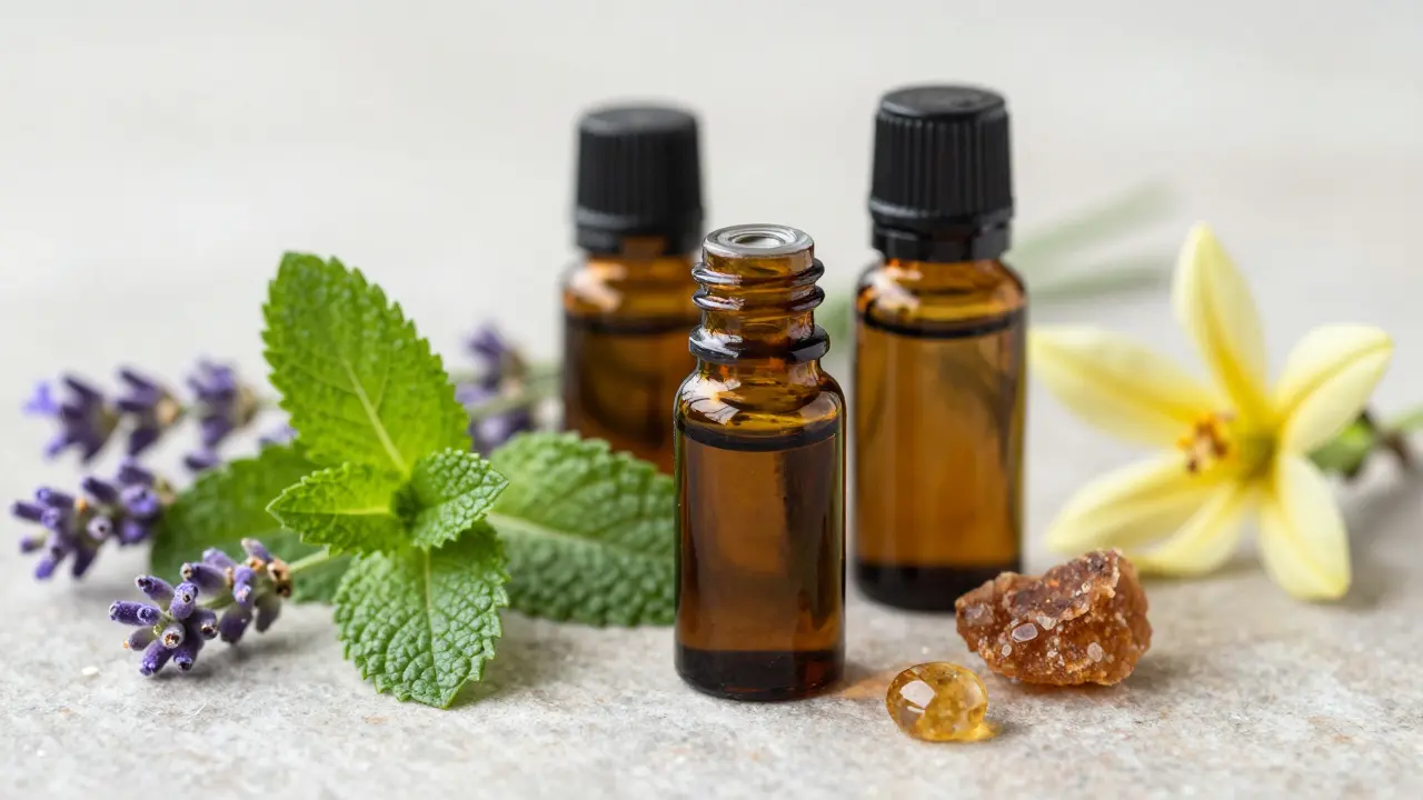 Essential oil bottles and fresh herbs like lavender and mint