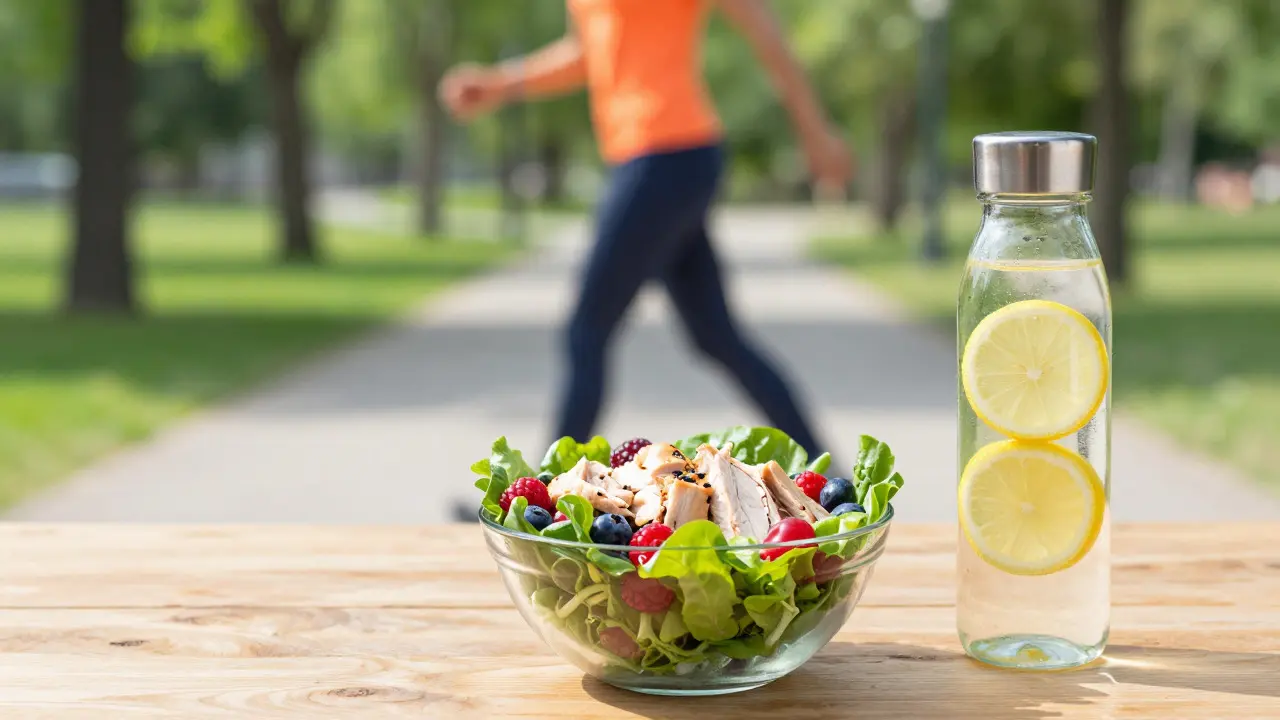 Fresh salad and water bottle next to someone walking outside