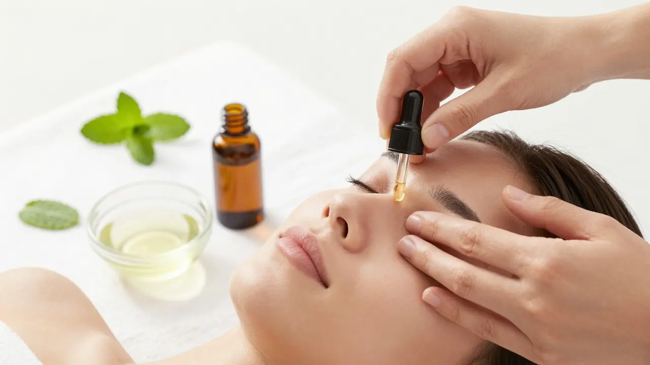 Hands applying diluted peppermint oil to temples for relief