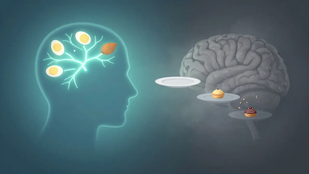 Illustration linking nutritious food to brain clarity and mood