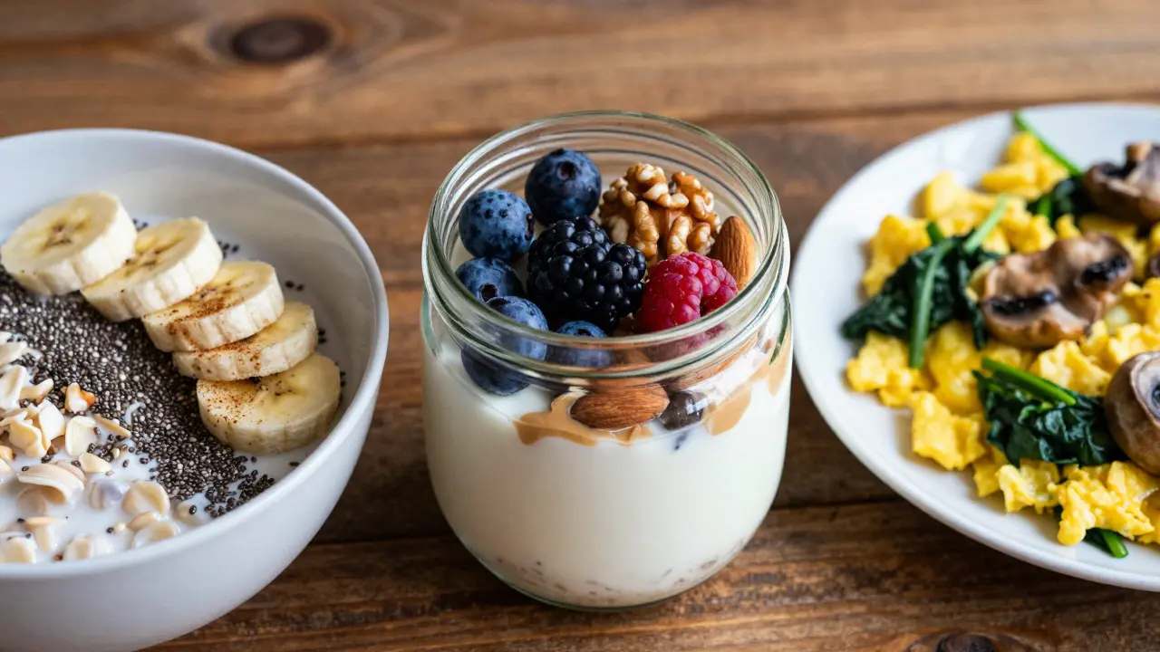 Overnight oats, yogurt parfait, and egg scramble on wooden table