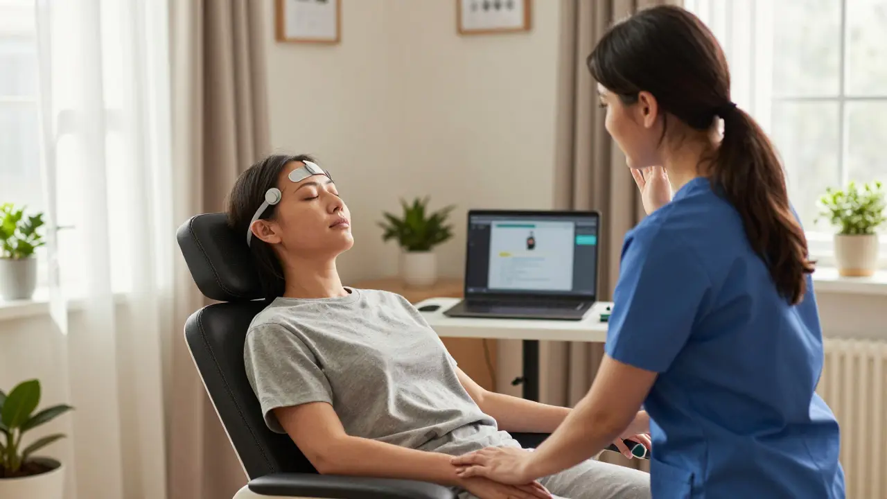 Patient relaxing during a biofeedback therapy session with a clinician