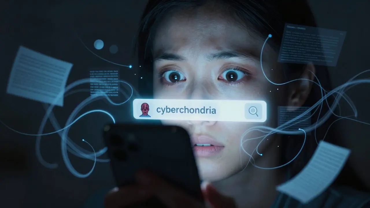 Person looking at phone with dark reflections of medical fears in their eyes