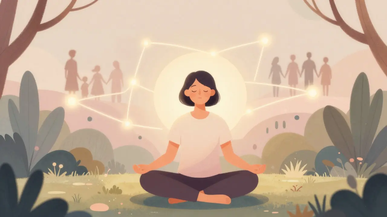 Person meditating in garden with abstract social connection
