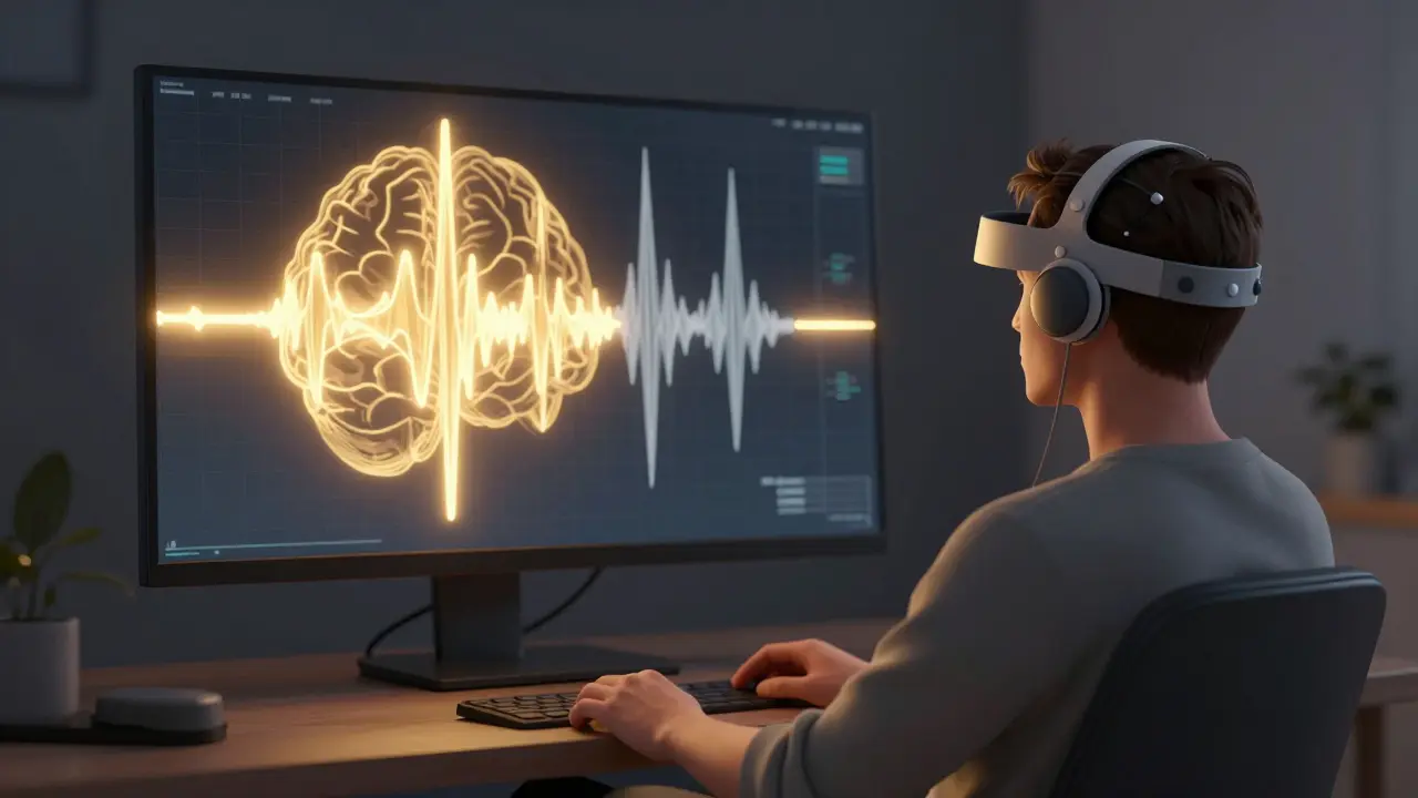 Person using EEG neurofeedback headset for calm