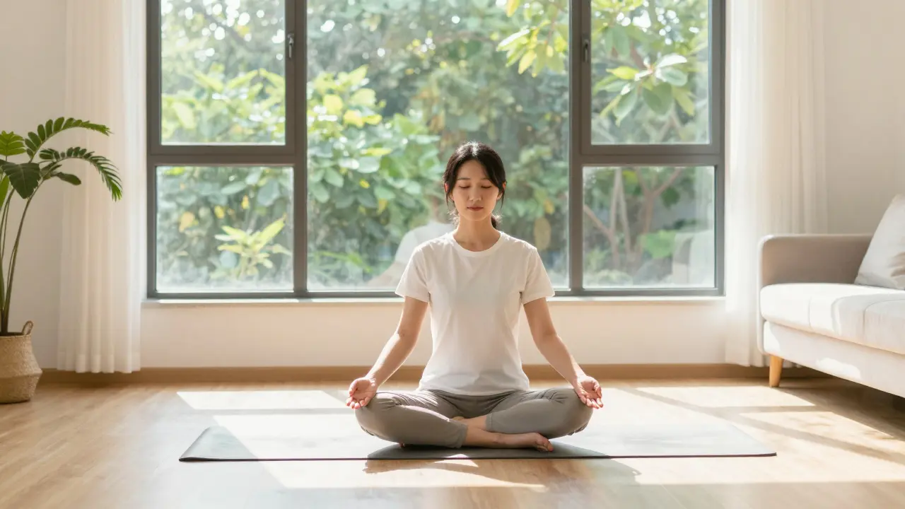Relaxed person doing yoga in sunny room, feeling peaceful