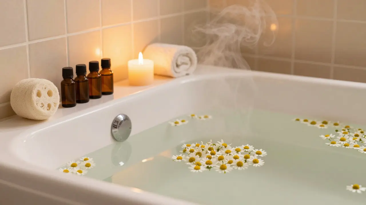Relaxing bath with chamomile flowers and essential oils