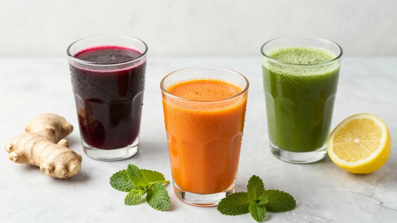 Three glasses of red, orange, and green homemade juices on marble