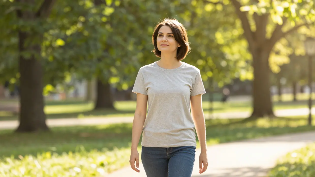 A person walking calmly in a sunny park, representing recovery and peace through active management of anxiety.
