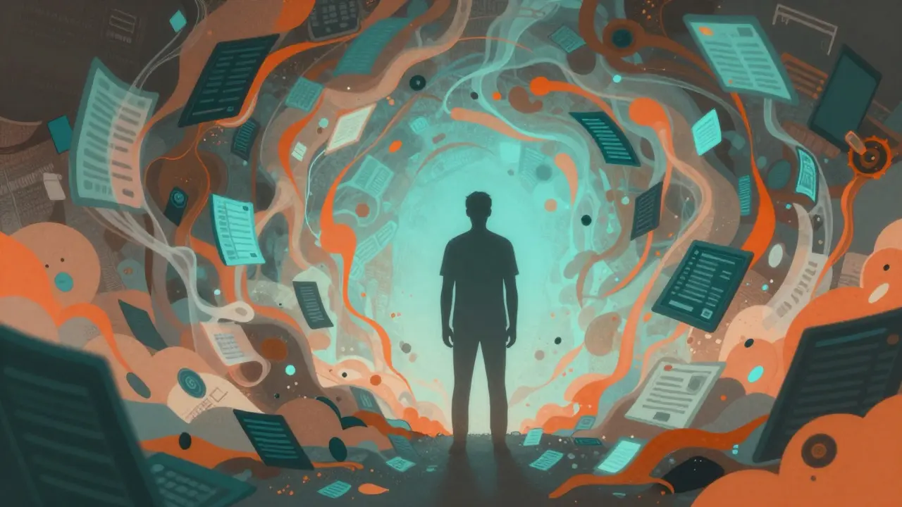 Abstract illustration of a figure surrounded by swirling colors, symbolizing mental overwhelm from health fears.