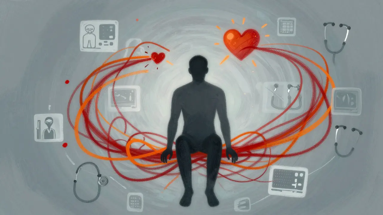 Artistic illustration of a person surrounded by swirling anxiety thoughts