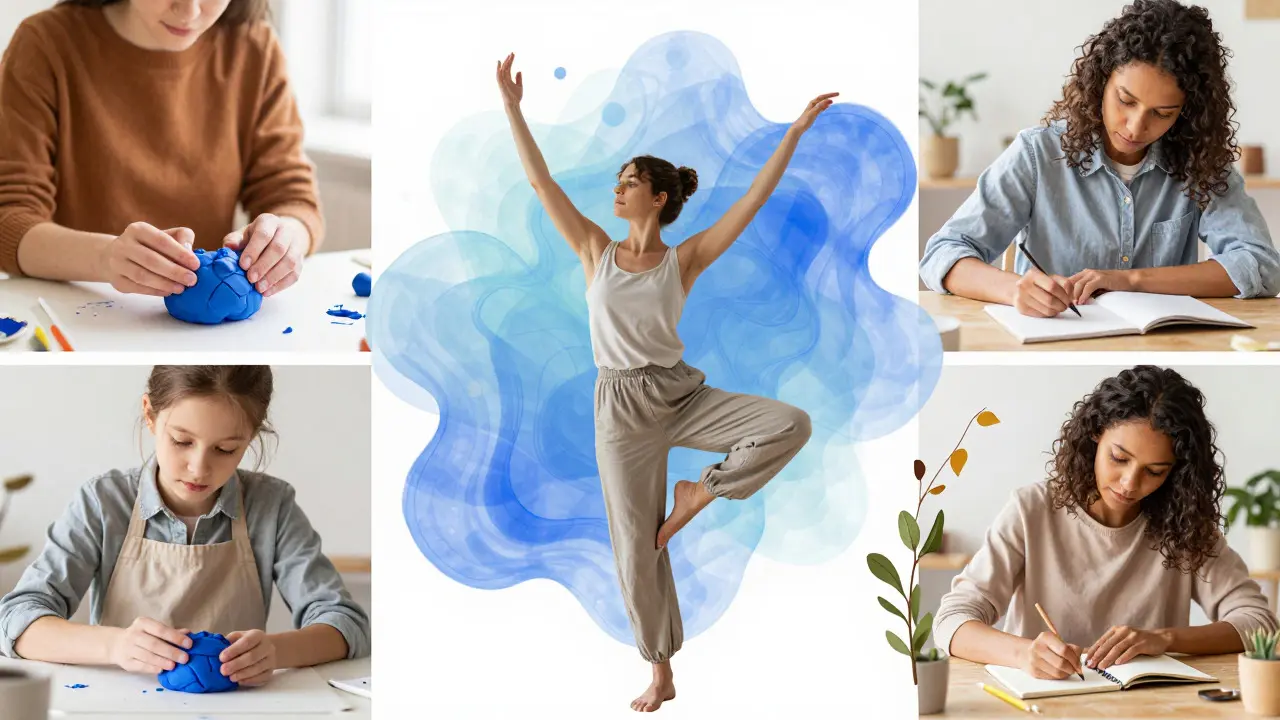 Collage of people doing art, dance, and writing therapy