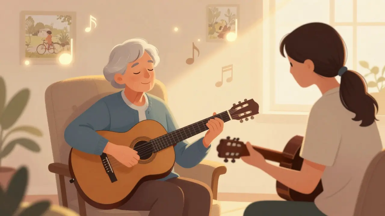 Elderly person listening to music therapy with glowing memories