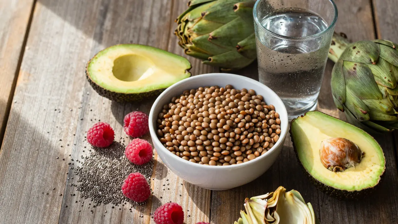 Fresh high-fiber foods like lentils and berries on a table