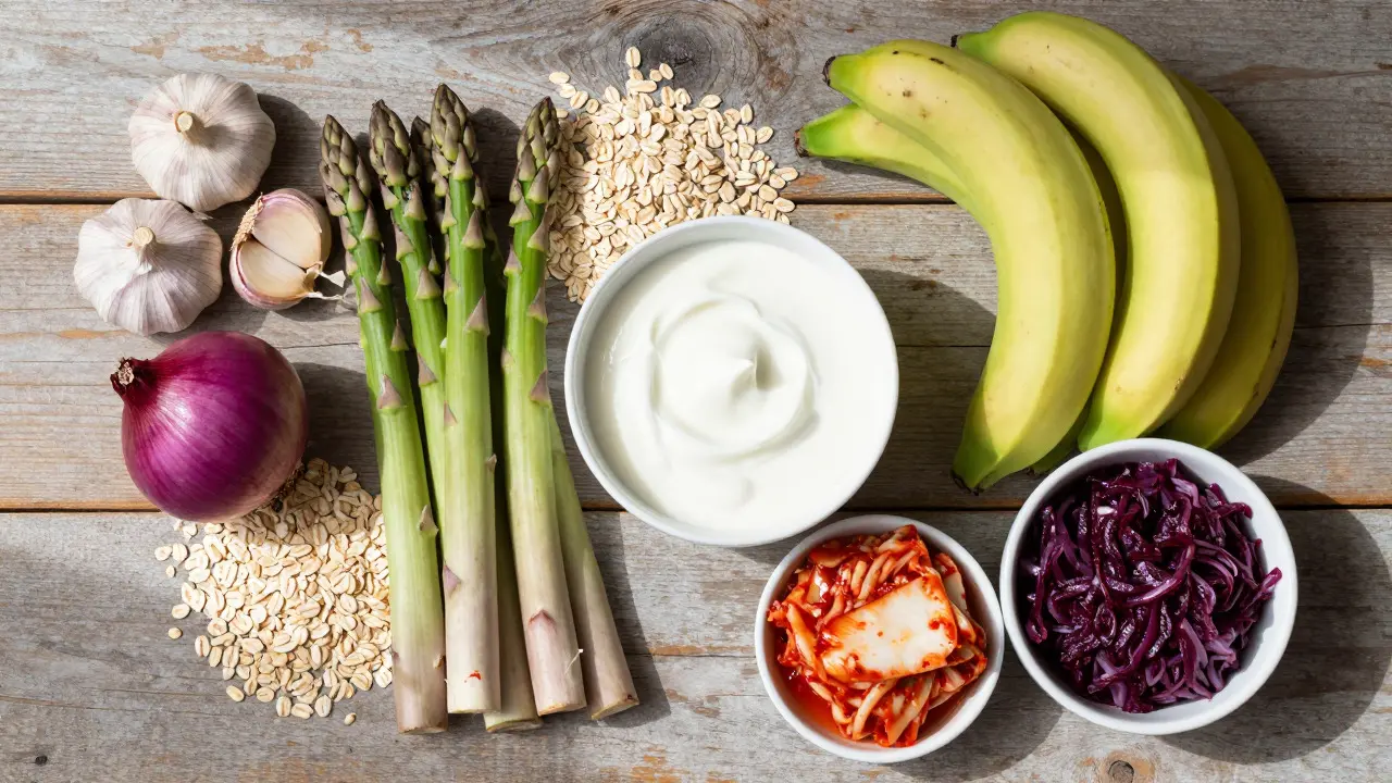 Fresh prebiotic and probiotic foods on a wooden table