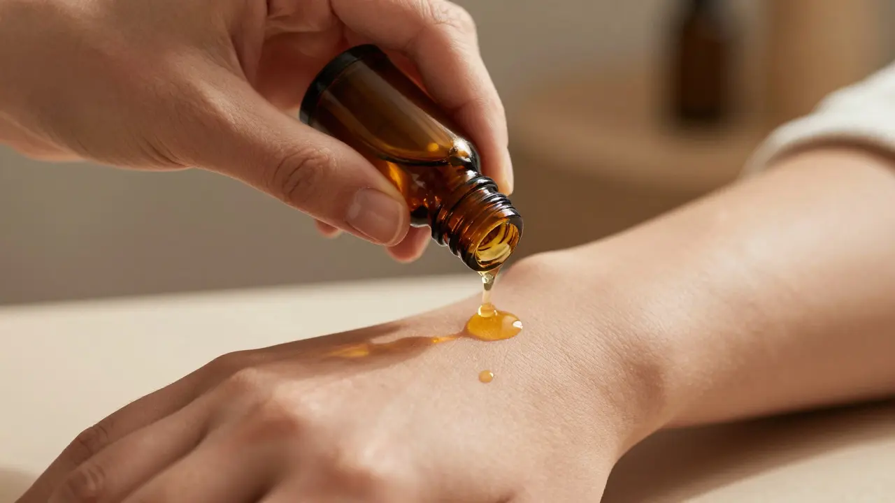 Hand applying diluted peppermint and carrier oil to forearm for pain relief