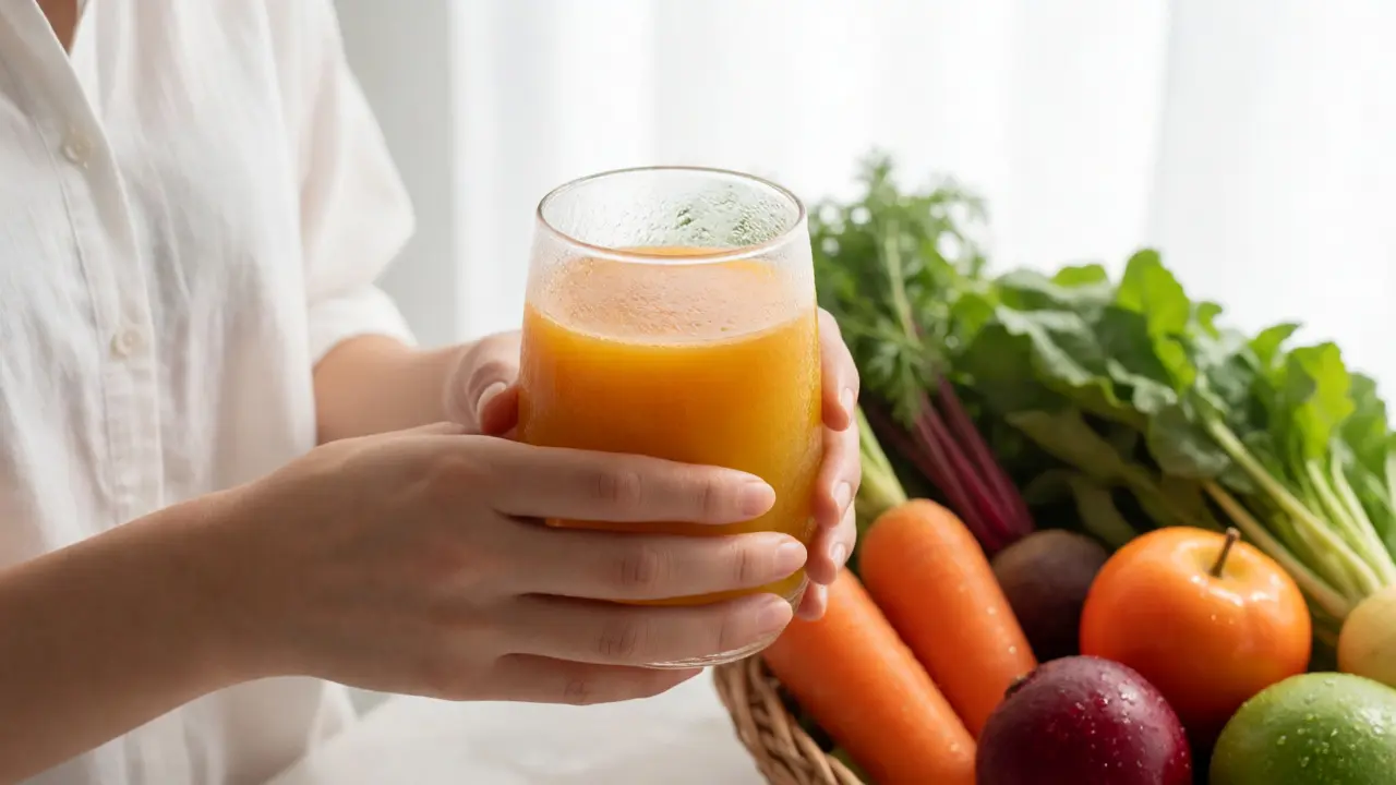 Hands holding a fresh vegetable juice glass with a basket of healthy produce in the background.