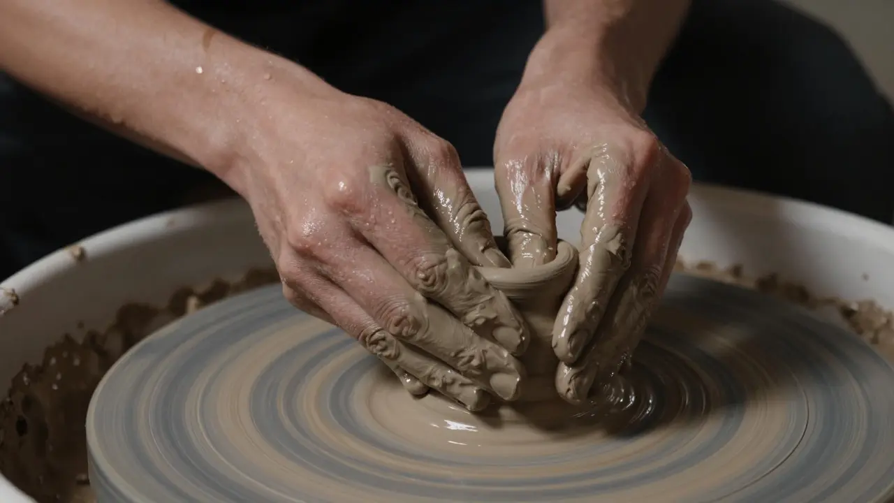 Hands molding clay on a pottery wheel in close-up