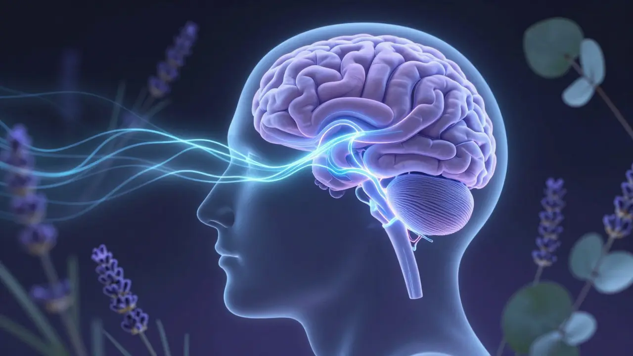 Illustration of scent pathways connecting nose to brain for pain management