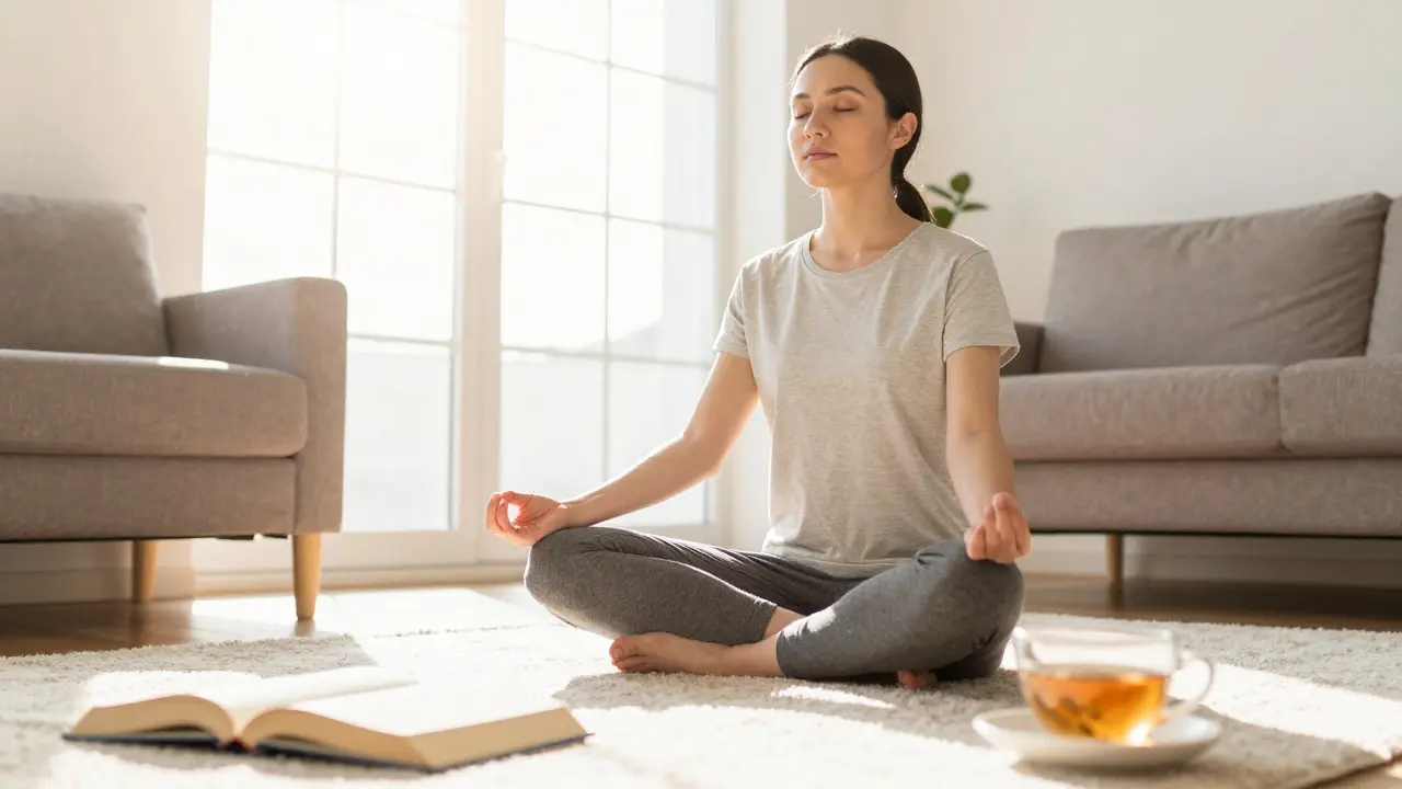 Person meditating peacefully in a sunlit living room