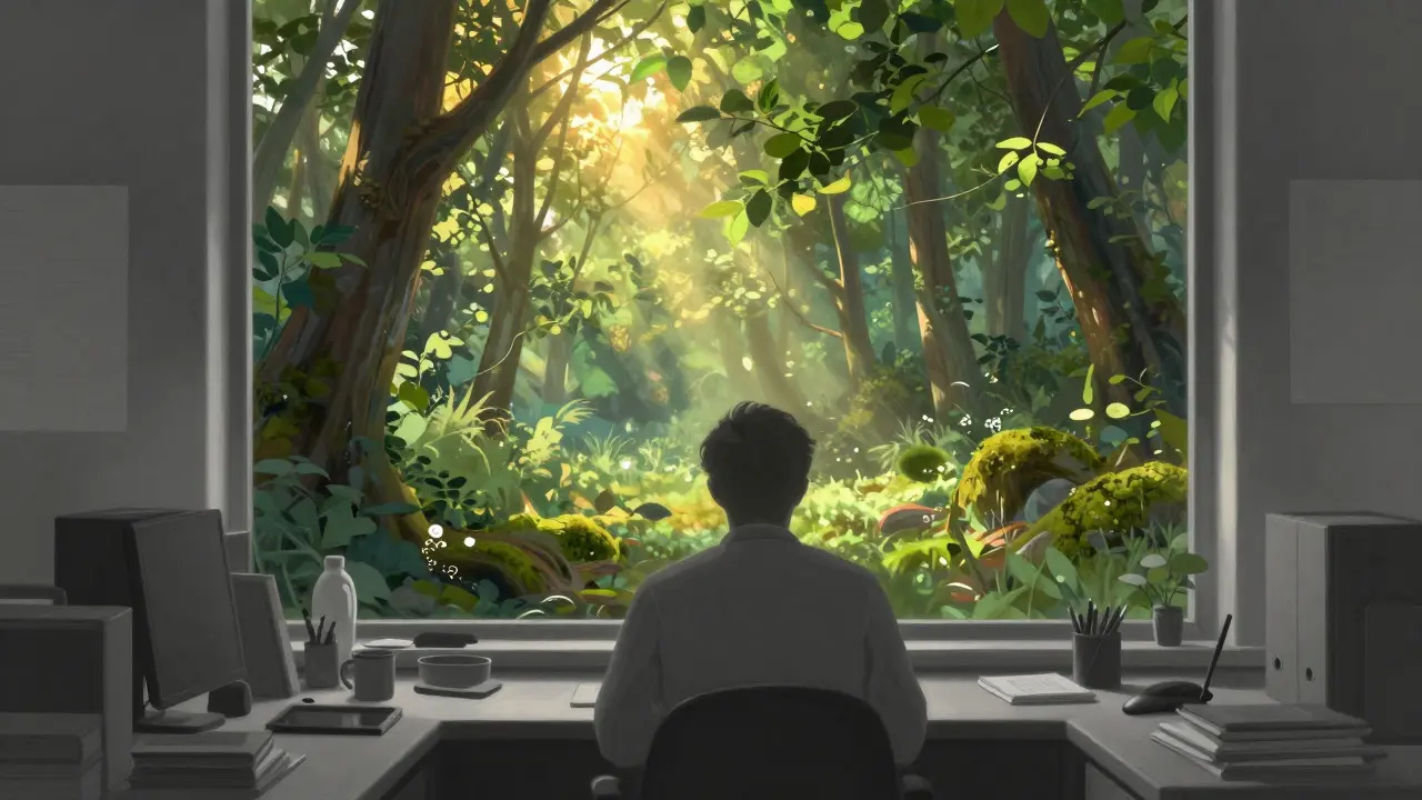 Person visualizing a peaceful forest from their workspace
