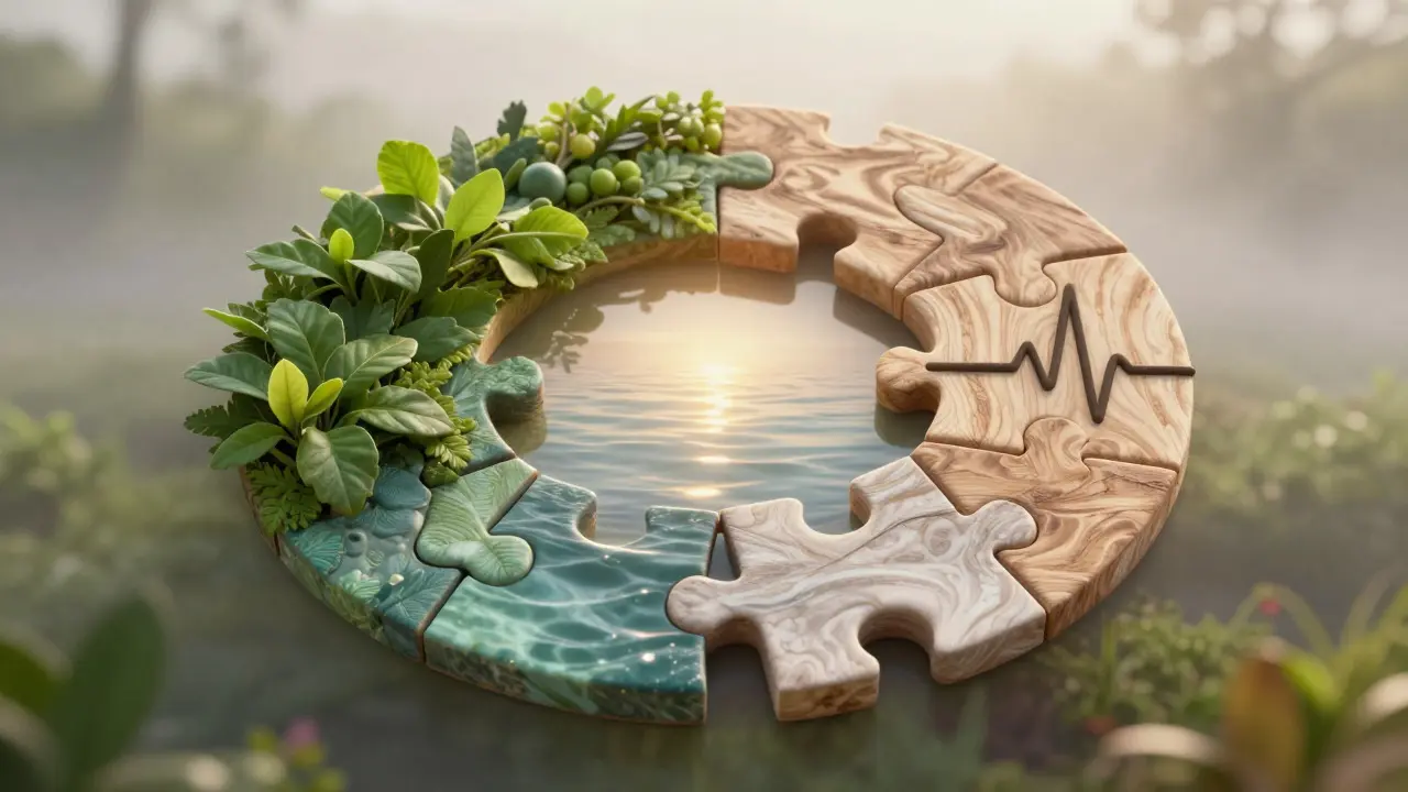 Puzzle pieces forming a wellness ecosystem with nature theme
