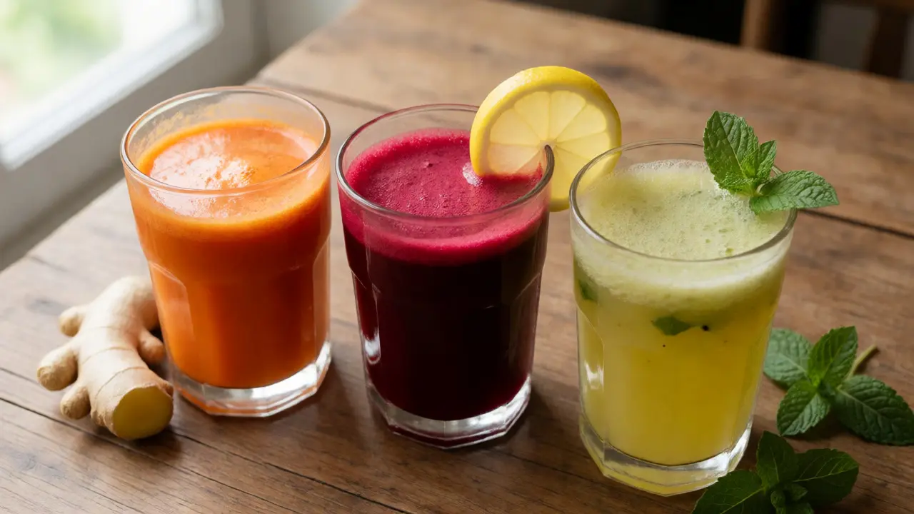Three glasses of carrot, beetroot, and pineapple juices arranged on a wooden table.