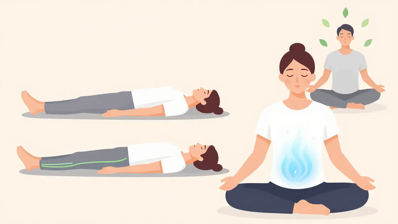 Three people practicing breathing, muscle relaxation, and meditation